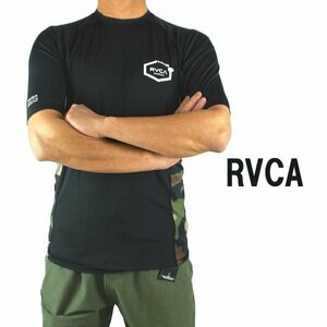 新品未使用 Sサイズ RVCA/ルーカ メンズ半袖ラッシュガード ISLAND HEX S/S RASHGUARD BLACK UVA/UVB 男性用水着 UVカット