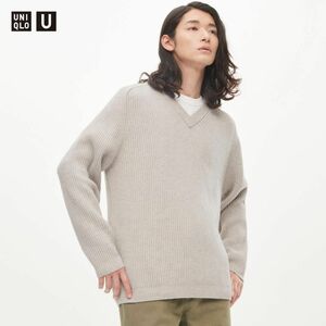 ★人気 美品 UNIQLO U プレミアムラムＶネックセーター M ナチュラル ユニクロ 長袖 ウール ニット カジュアル ブランド メンズ セーター