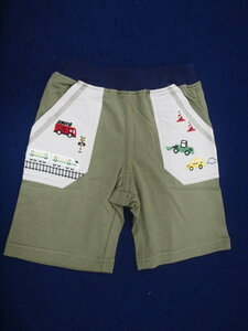 新品　90　車・電車刺繍ハーフパンツ　カーキ　レターパック発送（代引き不可）7011523