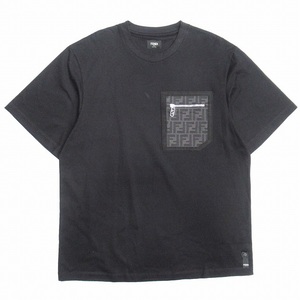 美品 23aw フェンディ FENDI FF ジャガード ポケット Tシャツ ズッカ ロゴ柄 クルーネック 半袖 コットンジャージー L 黒 FY1257 APM4