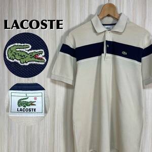 ☆王道アイテム☆人気カラー☆LACOSTE☆ラコステ ワニ 鹿の子 半袖ポロシャツ サイズ5 アイボリー ネイビーライン ボーダー L相当 古着