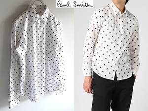 ネコポス対応 PS Paul Smith ポールスミス 半月/ハーフムーン 白黒サークルドット柄 コットンレクセル ドレスシャツ S ホワイト 日本製