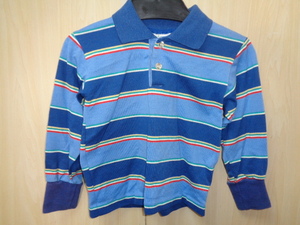 b683◆70s USA製 Health-tex 長袖ポロシャツ◆ヘルステックス size4T 子供服 マルチボーダー 紺×水色系 ネコポス便発送送料385円 5B