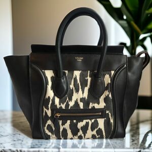 CELINE セリーヌ ハンドバッグ ラゲージ ミニ ショッパー レザー キャンバス ブラック オフホワイト レディース　レオパード