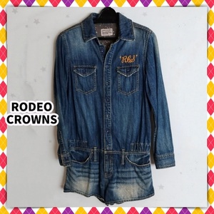 RODEO CROWNS ロデオクラウンズ デニム オールインワン サロペット つなぎ ショートパンツ 長袖 ジャケット ショート丈 レディース 古着