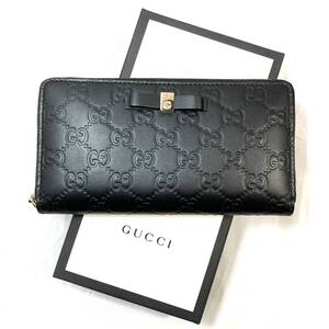 ＊【美品】GUCCI 388680 シマ 長財布 リボンモチーフ ラウンドファスナー レザー 革 グッチシマ GG柄 ゴールド金具 ブラック グッチ 箱付