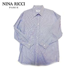 美品◆NINA RICCI/ニナリッチ◆イタリア製、コットン100%メンズ 長袖 ストライプ ドレスシャツ 、Ｌサイズ 程度、ブルー/ホワイト