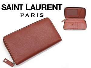 14万新品◆SAINT LAURENT サンローラン アニリンカーフ素材 オーガナイザーウォレット 長財布 赤茶【サンローラン】1円