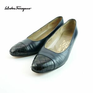 Salvatore Ferragamo サルヴァトーレフェラガモ 7 1/2 25.0 パンプス イタリア製 ヒール バイカラー ステッチ レザー 黒 紺 /MC121