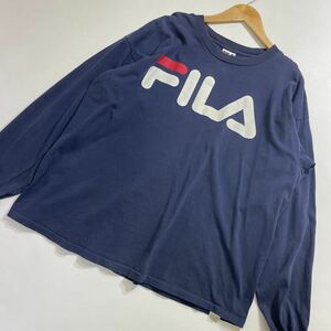 59 FILA フィラ USA製 長袖 Tシャツ ビッグロゴプリント ロンT ナス紺 90