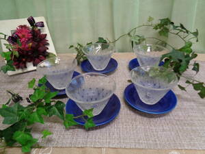 石塚硝子　てびねりデザートセット　フルーツ/みつ豆　ガラスカップ　陶器皿　未使用品