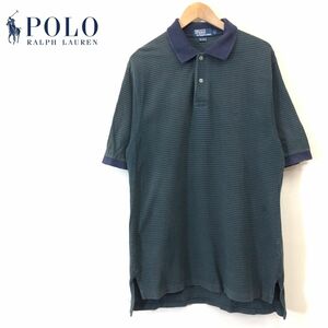 G1837-F-N◆ old ◆ POLO RALPH LAUREN ポロラルフローレン 半袖ポロシャツ ボーダー 大きめ ◆ sizeL コットン グリーン ネイビー 古着