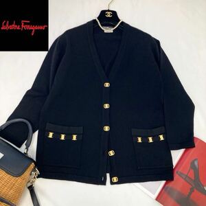 ★大きいサイズ★美品★サルヴァトーレフェラガモ Salvatore Ferragamo XL-3L ヴァラ☆グログランリボンロングカーディガン イタリア正規品