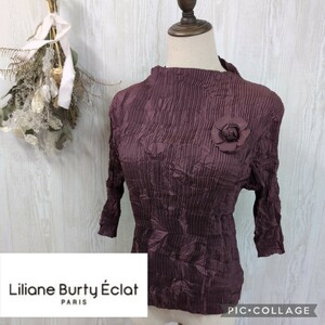 未使用品 Liliane Buty ECLAT Paris リリアンビューティエクラ プリーツ加工のカットソー Sサイズ パープル コサージュ付 5分袖 日本製