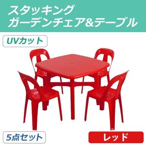 送料無料 ガーデンチェア ガーデンテーブル 5点セット UVカット レッド ガーデンセット ポリプロピレン製 ガーデンテーブル&チェアー4脚