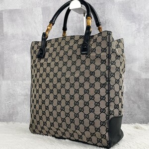 美品 GUCCI グッチ トートバッグ ハンドバッグ ビジネスバッグ キャンバス レザー バンブー 竹 GG柄 総柄 メンズ A4 通勤 書類 ブラウン 