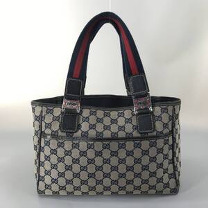 【極美品】GUCCI グッチ ハンドバッグ ミニトートバッグ GGキャンバス×レザー シェリーライン ネイビー レディース メンズ　カバン　