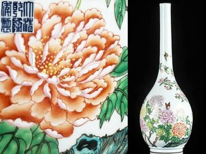 【流】中国美術 色絵花蝶文大花瓶 高47cm ケース付 TV817