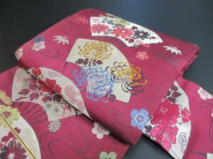 1円 良品 正絹 名古屋帯 和装 和服 綸子生地 アンティーク 紫 扇子 観世水 草花 六通柄 九寸帯 長さ326cm【夢職】★★★