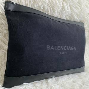 【美品】BALENCIAGA バレンシアガ クラッチバック セカンドバック ネイビークリップ ロゴプリント キャンバス レザー 黒 オールブラック