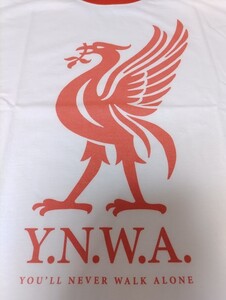 2014直輸入 FRUIT OF THE LOOM『リヴァプールFC Y.N.W.A. リンガーTシャツ』丸首 半袖 白 前プリント Liver Bird XL・身幅約57.5cm※未使用