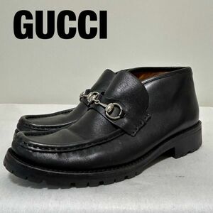 L0050★9 高級 GUCCI グッチ メンズ 本革 レザー ビットローファー シューズ 黒 銀 8 1/2 ショートブーツ