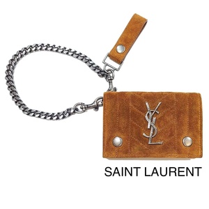 【激レア】SAINT LAURENT サンローラン YSL チェーンウォレット ライダー スエード 二つ折り財布 442648 ライトオークル ブラウン 鑑定済