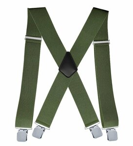 【新品】 極太 ワイド サスペンダー X型 太さ5センチ 幅広クリップ X-Back Pant Suspenders オリーブグリーン色【送料無料】