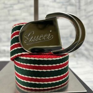 【美品/希少】GUCCI グッチ ベルト シェリーライン Dリングバックル 筆記体ロゴ シルバー金具 コットン レザー ビジネス メンズ 95サイズ