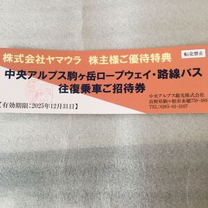 【最新・迅速対応】中央アルプス 駒ヶ岳ロープウェイ・路線バス往復乗車ご招待券1枚　ミニレター対応63円　ヤマウラ 株主優待