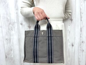 美品 HERMES エルメス フールトゥPM ハンドバッグ トートバッグ キャンバス グレー×黒 79477Y