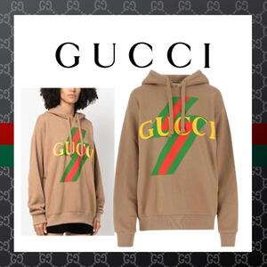 ○★新品 未使用 Gucci ロゴプリントフーディ 定番オーバーサイズ パーカー ベージュ S（グッチ）○●