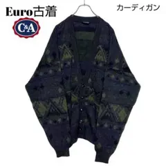 レトロ Euro古着 C＆A アクリルカーディガン 総柄 XL ウールニット