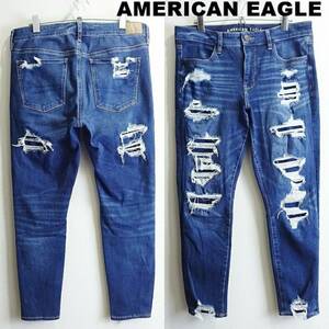 即決★ 送料無★ 良品★　アメリカンイーグル　JEGGING CROP　W82cm　クラッシュリペアデニム　スーパーストレッチ　藍青　H909