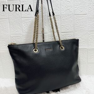 超美品！FURLA フルラ　チェーン　トートバッグ　ショルダーバッグ　レザー　A4収納可能　ブラック