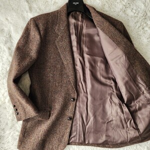 美品 実寸XL相当◎パパス×ハリスツイード テーラードジャケット Papas HARRIS TWEED ウール100% 胡桃ボタン ブラウン系 裏地モノグラム