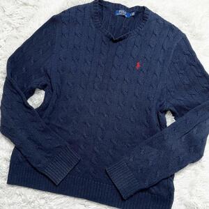 希少 Lサイズ ●Polo Ralph Lauren ポロラルフローレン ケーブルニット セーター 現行タグ ネイビー 濃紺 ホース ポニー ロゴ 刺繍 メンズ