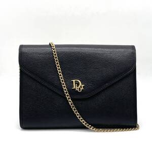 1円 良品 Christian Dior クリスチャンディオール レザー ブラック チェーン ショルダーバッグ Diorロゴ ゴールド金具