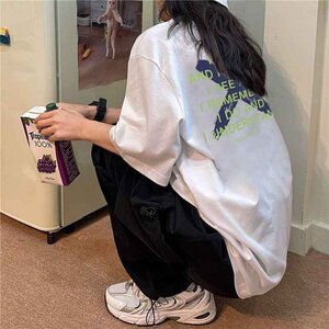 半袖トップス 半袖Tシャツ 英字 コットン カジュアル ゆったり シンプル かわいい 大きいサイズあり M ホワイト