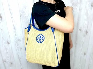 極美品 Tory Burch トリーバーチ トートバッグ ハンドバッグ かごバッグ バッグ ストロー×レザー ナチュラル×青 A4収納可 71820Y