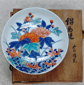 江戸期　色絵 鍋島様式 芙蓉菊文図　木瓜形皿　大皿　検　茶道具酒器酒器初期伊万里鍋島唐津志野