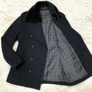 希少L!バーバリーブラックレーベル BURBERRY BLACK LABEL ナポレオン Pコート ホースボタン ノバチェック裏地 2way ラビットファー 秋冬