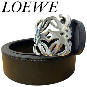 1円〜【美品/最高級】LOEWE ロエベ ベルト アナグラム デカロゴ レザー ブラック 黒 シルバー金具 通勤 通学 ビジネス メンズ 4cm幅