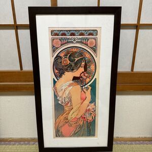 中古　真作 アルフォンス・ミュシャ リトグラフ 桜草 額装 人物画 直筆サイン有り