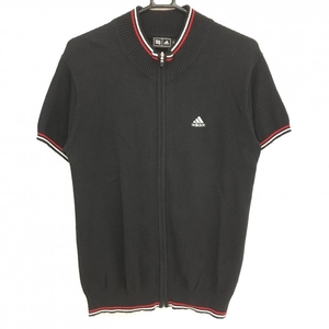 【美品】アディダス 半袖ニットジャケット 黒×レッド コットン70％ ブルゾン メンズ M/M ゴルフウェア adidas