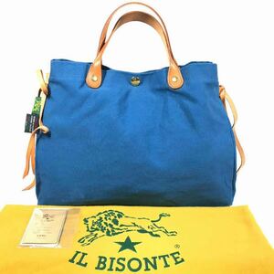 美品【イルビゾンテ】本物 IL BISONTE ハンドバッグ 水色系×茶 トートバッグ キャンバス×レザー メンズ レディース イタリア製 保存袋付