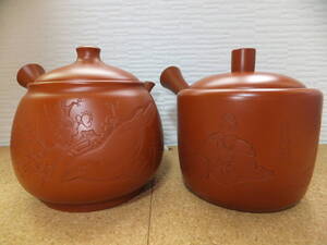 中古 常滑焼 峰山 水上暁山？ 彫 ウグイス 鶯 花 平安貴族？ 彫刻 急須 朱泥 茶道具 陶器 陶芸 煎茶器 レトロ TOKONAMEYAKI とこなめ焼 ②