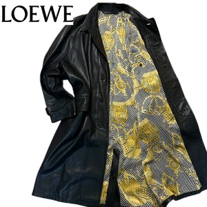 未使用級【定価90万/大きいサイズ】ロエベ LOEWE 最高級シープスキン 超ロングコート ラムレザー ナッパレザー 羊革 裏地総柄