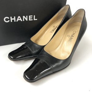 【ITYZ0LEFNPHK】CHANEL シャネル パンプス レザー エナメル 黒 ハイヒール 約9㎝ヒール サイズ 38 C 箱付