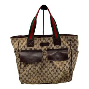 1円〜△ GUCCI グッチ GGキャンバス シェリーライン トートバッグ ラージトート ショルダーバッグ レザー カーキベージュ161836